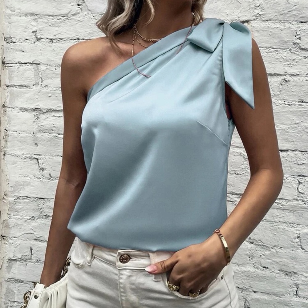 Satin silky one shoulder bow blouse tank top light pink - Picture 5 of 11
